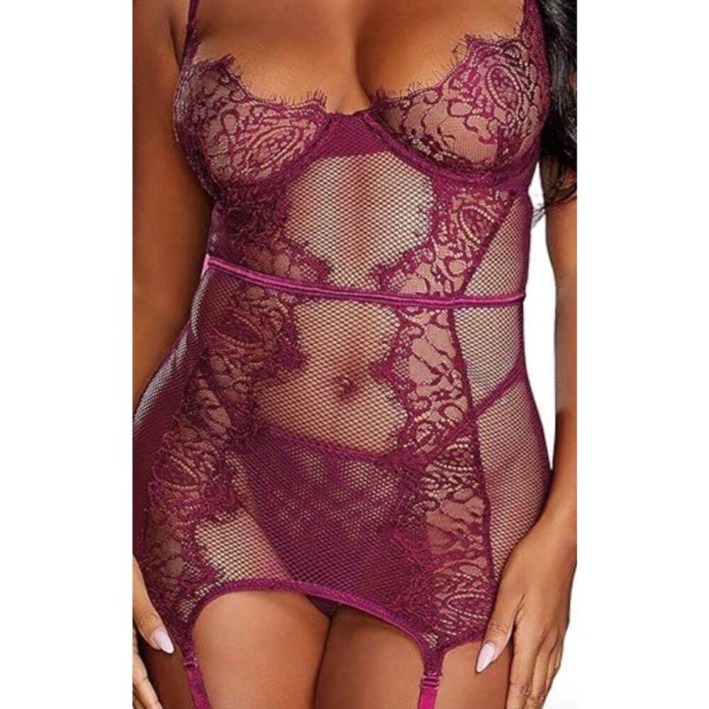 Dreamgirl Garter Belt Slip Dress Large Fishnet Lace Mulberry